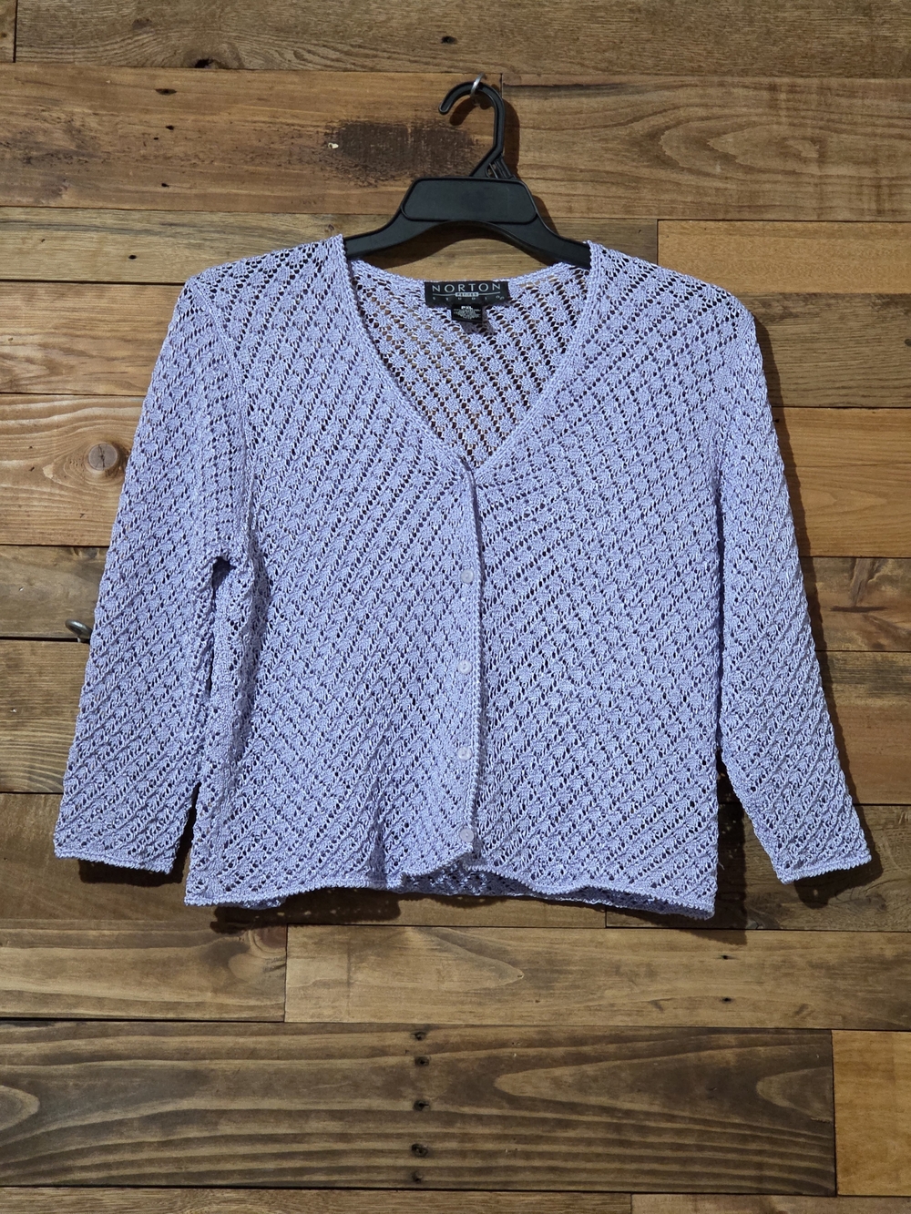 Lavender Open Knit Crochet Cardigan Pointelle 3/4 Sleeve Button Front Petite XL